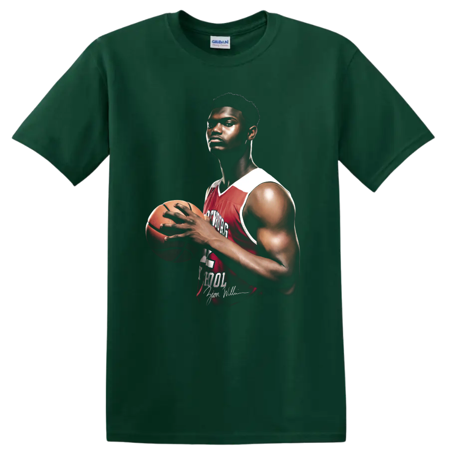 Zion Williamson Spartanburg Day School basketball portrait with red number 1 jersey on a Forest Green T Shirt