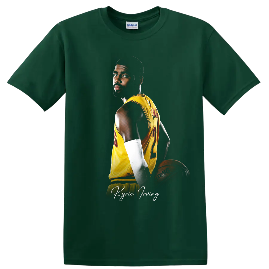 Kyrie Irving Cleveland Cavaliers basketball portrait with gold number 2 jersey on a Forest Green T Shirt