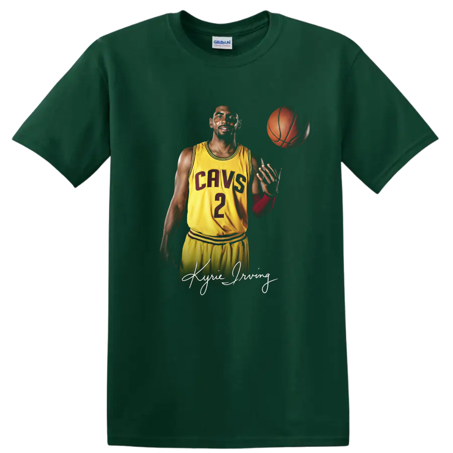 Kyrie Irving Cavaliers number 2 basketball portrait with floating ball and signature on a Forest Green T Shirt