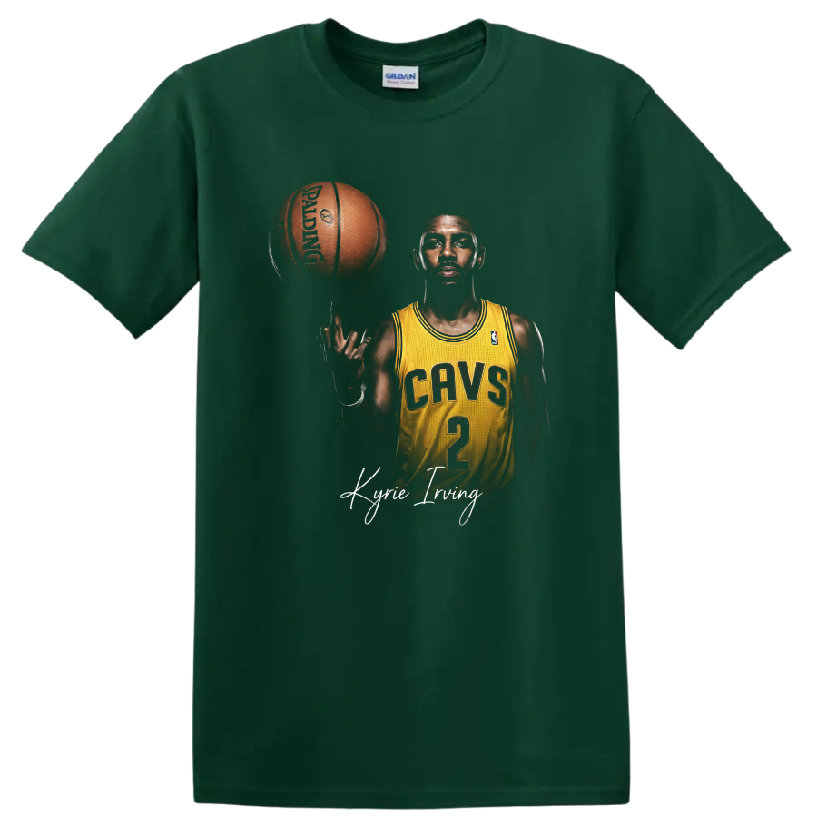 Kyrie Irving Cleveland Cavaliers basketball portrait with spinning ball and signature on a Forest Green T Shirt
