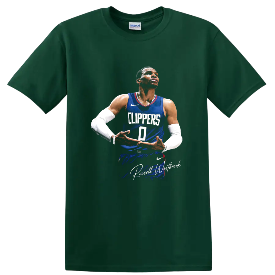Russell Westbrook in Clippers number 0 jersey with signature-style text on a Forest Green T Shirt