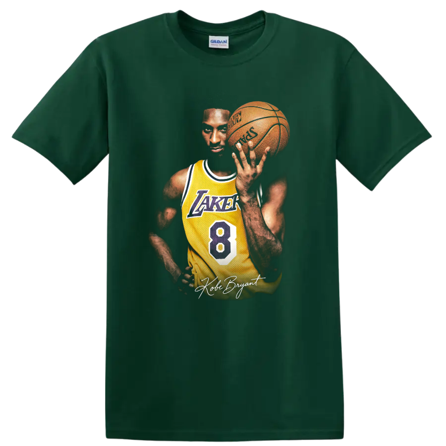 Kobe Bryant Lakers number 8 basketball portrait with signature script on a Forest Green T Shirt