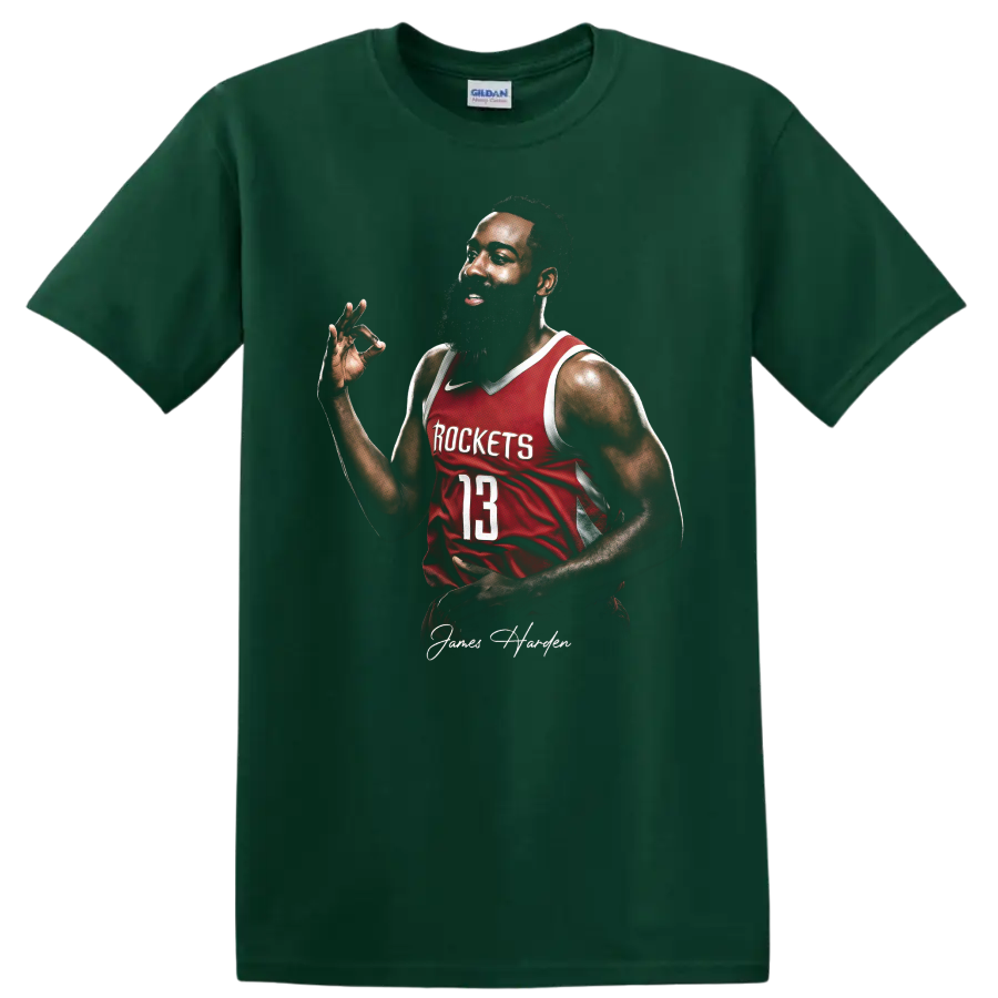 James Harden Houston Rockets number 13 basketball portrait with signature on a Forest Green T Shirt