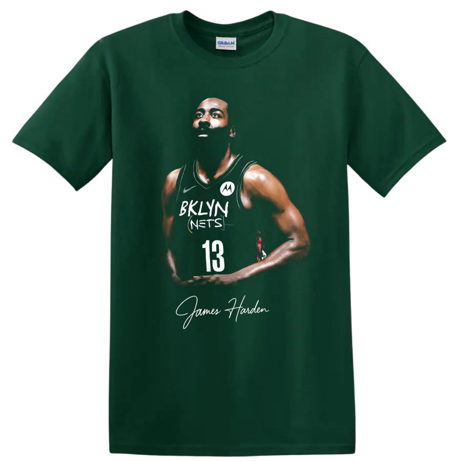 Kevin Durant Brooklyn Nets number 13 player portrait with signature-style name text on a Forest Green T Shirt