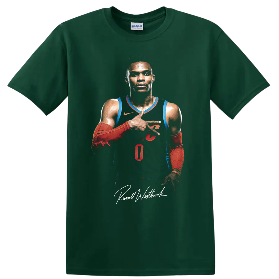 Russell Westbrook Oklahoma City Thunder number 0 basketball portrait with script signature on a Forest Green T Shirt