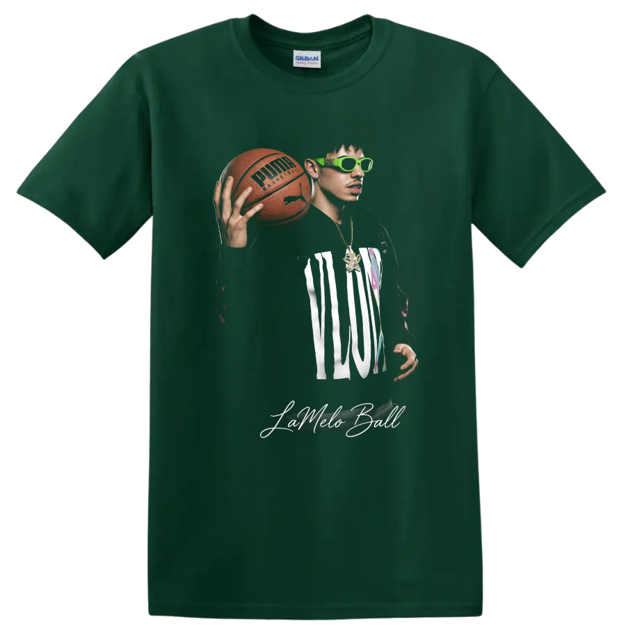 LaMelo Ball holding a basketball in neon green sunglasses with MELO lettering on a Forest Green T Shirt