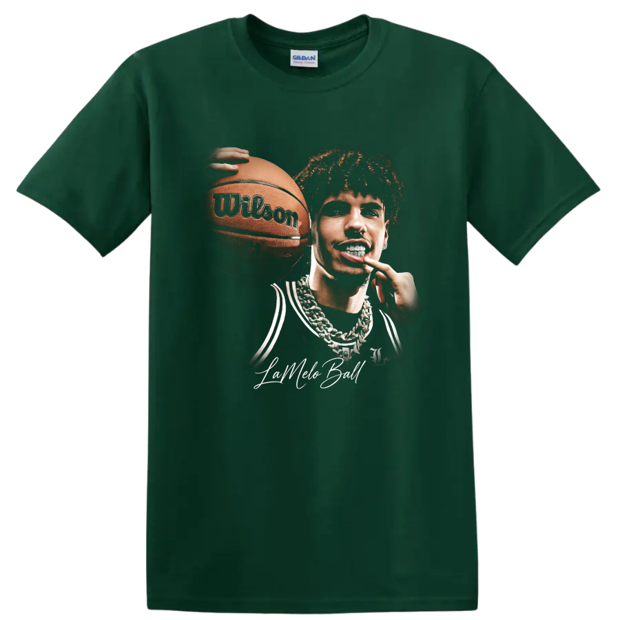 LaMelo Ball holding basketball in bold Charlotte Hornets portrait artwork on a Forest Green T Shirt