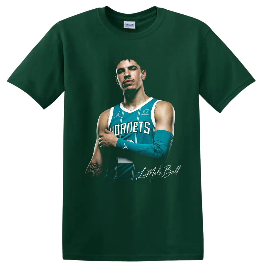 LaMelo Ball Charlotte Hornets teal jersey basketball portrait with script signature on a Forest Green T Shirt