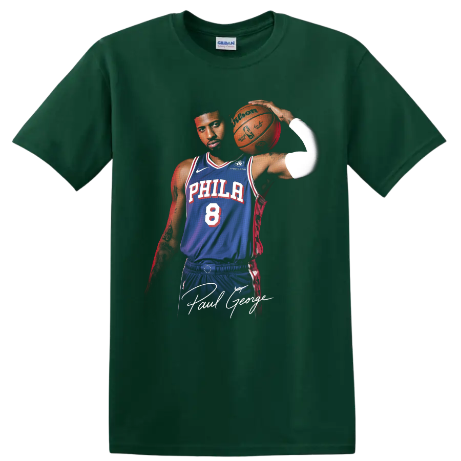 Paul George Philadelphia 76ers basketball portrait with blue number 8 uniform on a Forest Green T Shirt