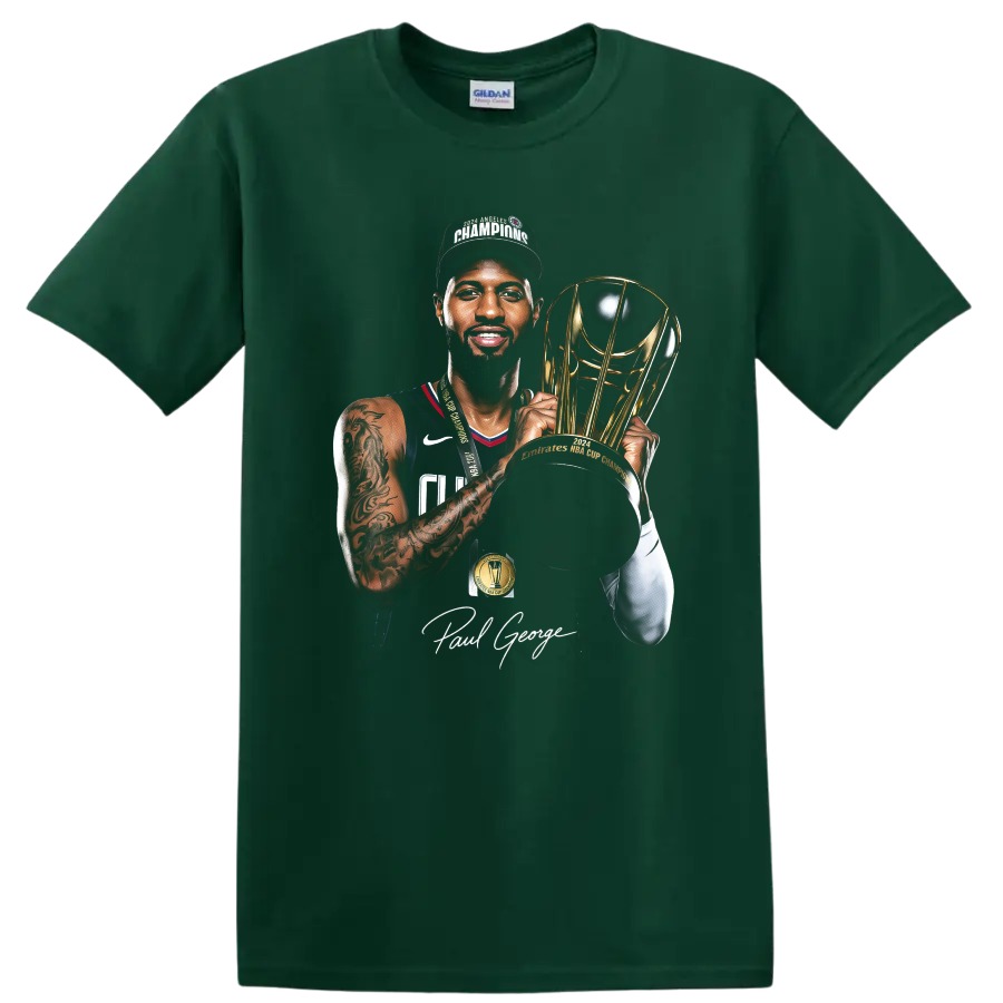 Chris Bosh Miami Heat basketball portrait with championship trophy and signature on a Forest Green T Shirt