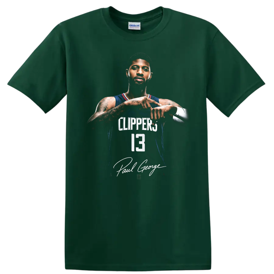 Paul George Los Angeles Clippers number 13 player portrait with signature-style text on a Forest Green T Shirt