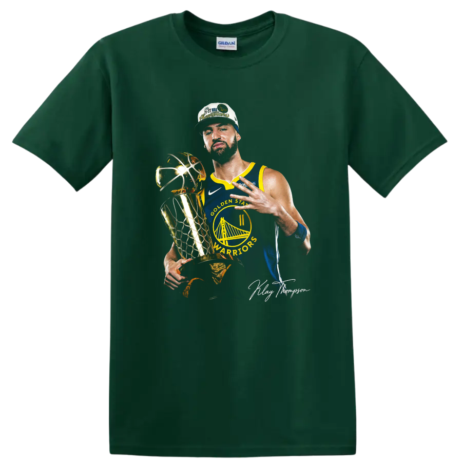 Andrew Wiggins Warriors championship trophy portrait with blue-and-gold uniform on a Forest Green T Shirt