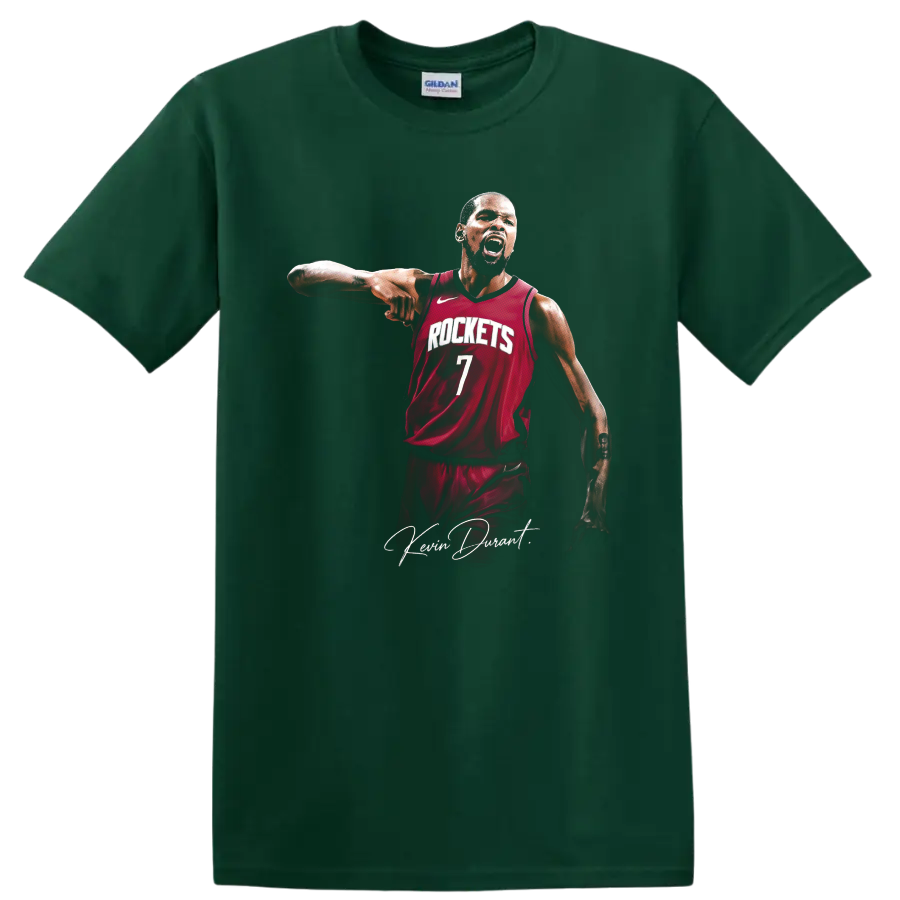 Kevin Durant Houston Rockets number 7 basketball portrait with signature script on a Forest Green T Shirt