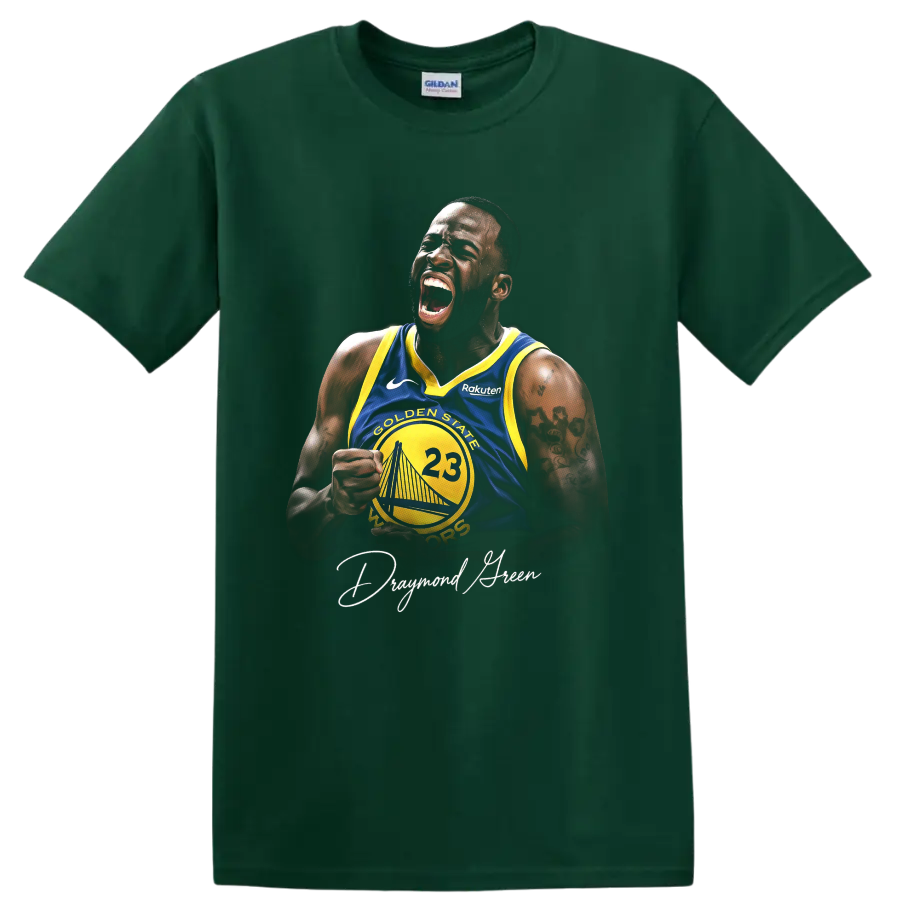 Draymond Green roaring in a blue and yellow Golden State Warriors number 23 jersey on a Forest Green T Shirt
