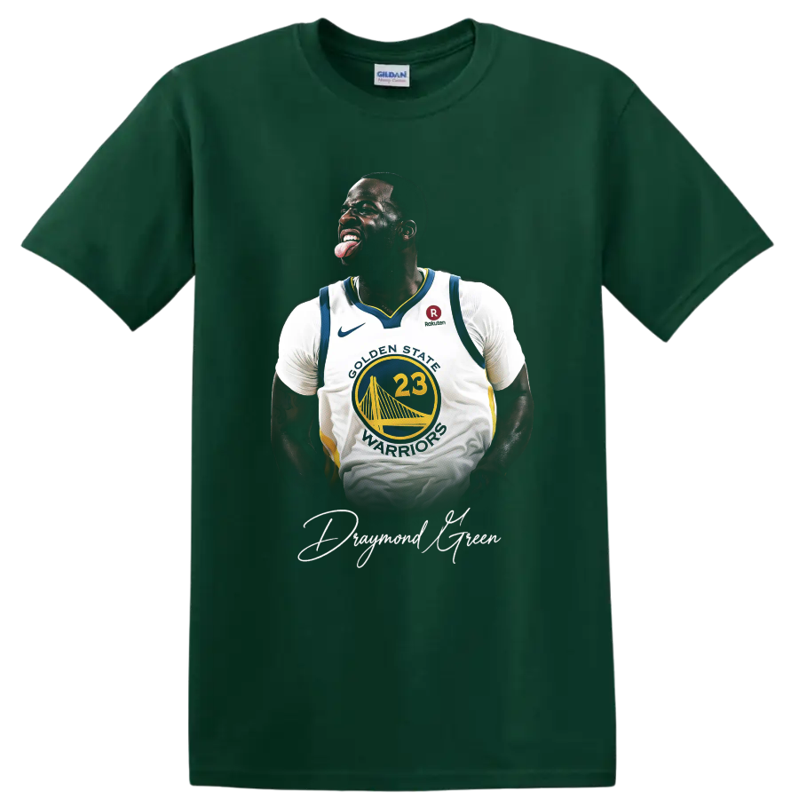 Draymond Green Golden State Warriors basketball portrait with white script signature on a Forest Green T Shirt