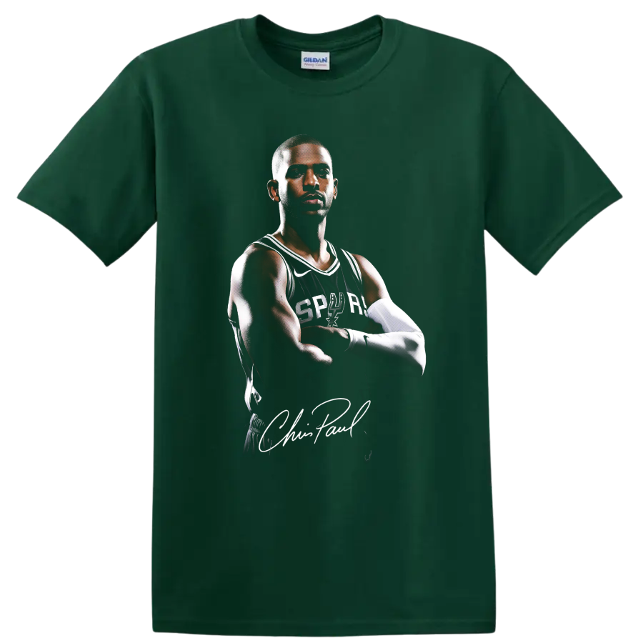 Chris Paul San Antonio Spurs basketball portrait with signature-style text on a Forest Green T Shirt
