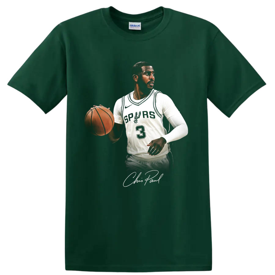 Chris Paul Spurs basketball action portrait with ball, number 3 jersey, and signature on a Forest Green T Shirt