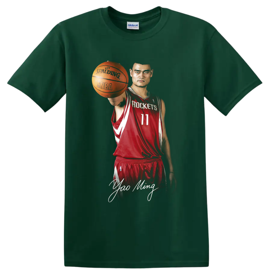 Yao Ming in Houston Rockets number 11 uniform holding basketball with signature on a Forest Green T Shirt