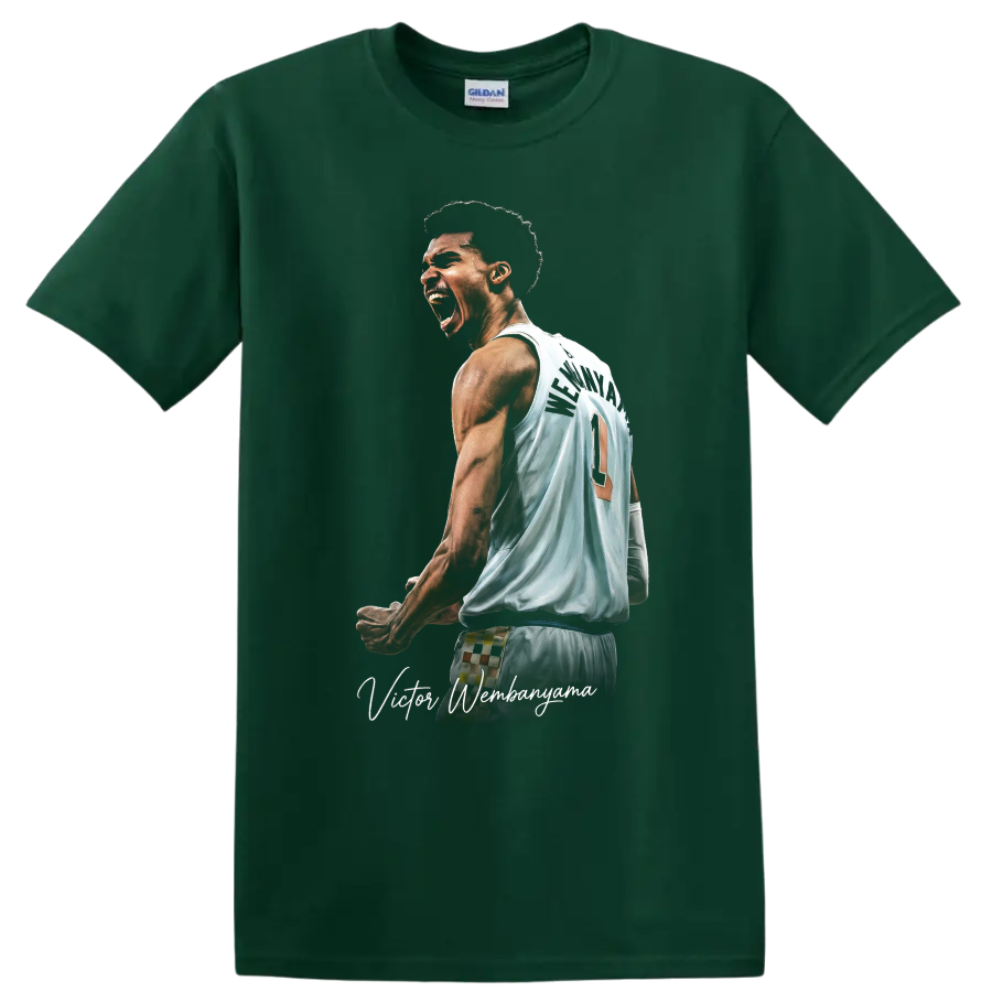 Victor Wembanyama Spurs jersey action portrait with script signature on a Forest Green T Shirt