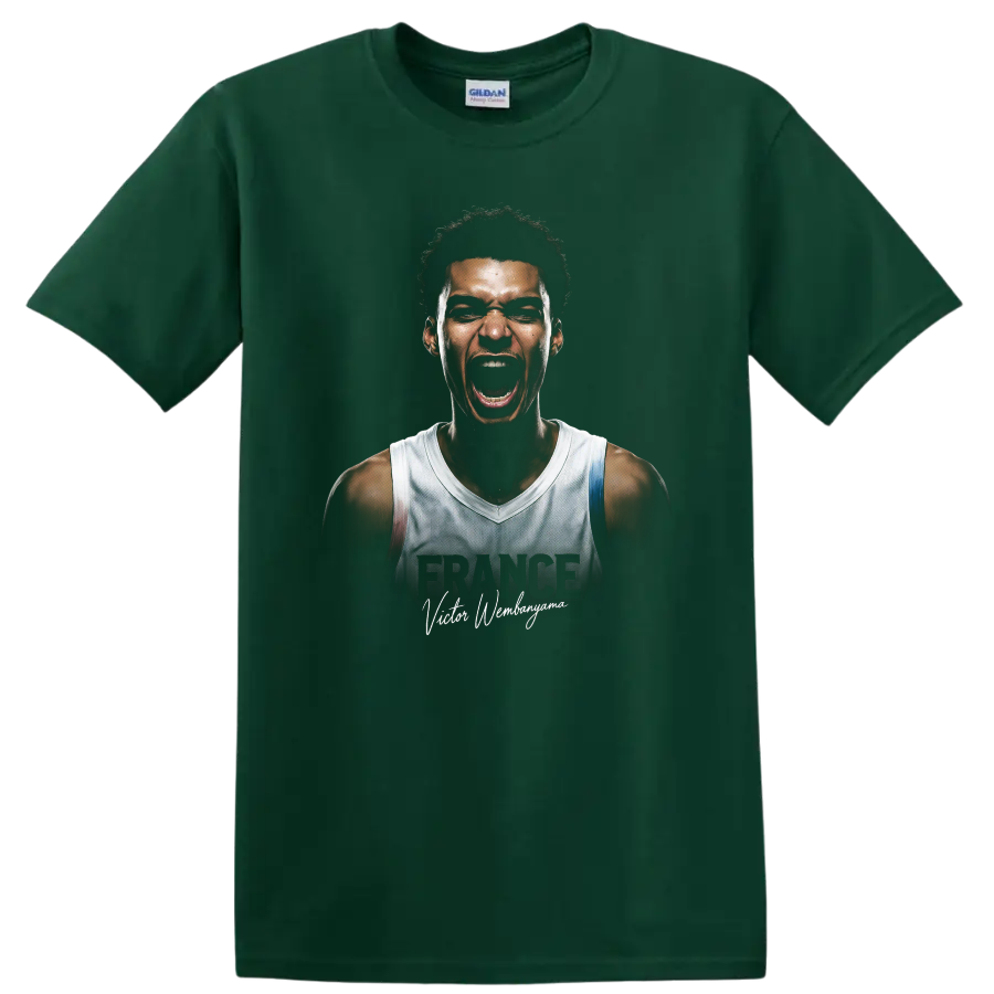 Victor Wembanyama intense basketball portrait with FRANCE text and signature lettering on a Forest Green T Shirt