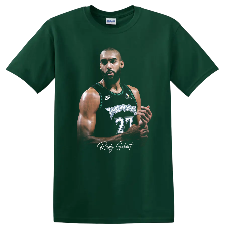 Jaylen Clark Minnesota Timberwolves basketball player portrait in sports poster style on a Forest Green T Shirt