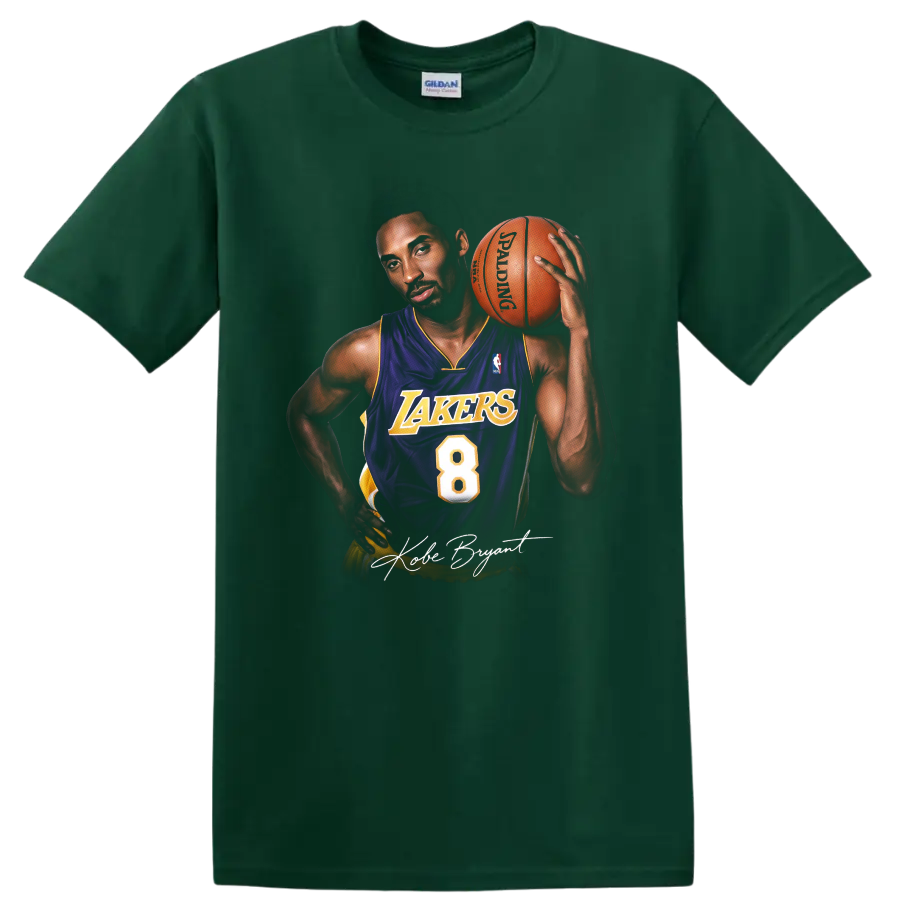 Kobe Bryant in Los Angeles Lakers number 8 jersey holding basketball, signature-style art on a Forest Green T Shirt