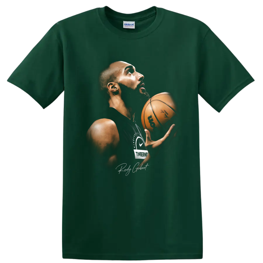 Anthony Edwards holding basketball in dramatic Minnesota Timberwolves portrait artwork on a Forest Green T Shirt