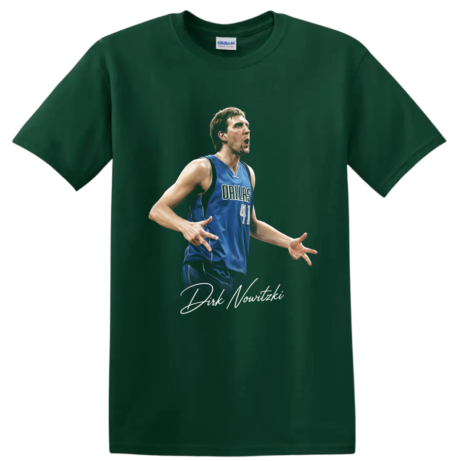 Dirk Nowitzki Dallas Mavericks number 41 player portrait with signature script on a Forest Green T Shirt