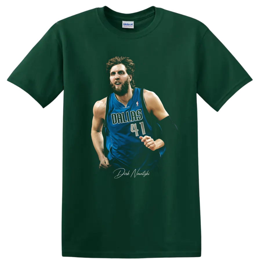 Dirk Nowitzki in Dallas Mavericks number 41 jersey with signature-style graphic on a Forest Green T Shirt