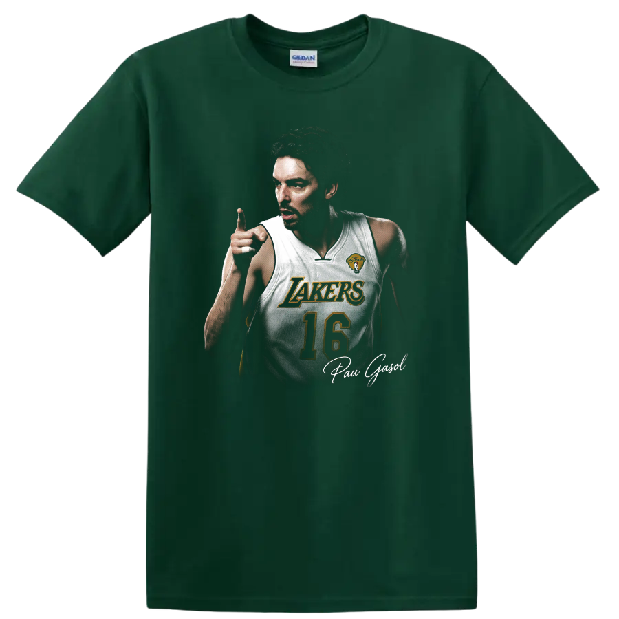 Pau Gasol Los Angeles Lakers number 16 basketball portrait with signature on a Forest Green T Shirt