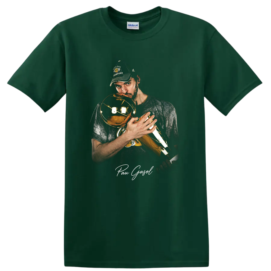 Pau Gasol holding a championship trophy in dramatic Lakers portrait artwork on a Forest Green T Shirt