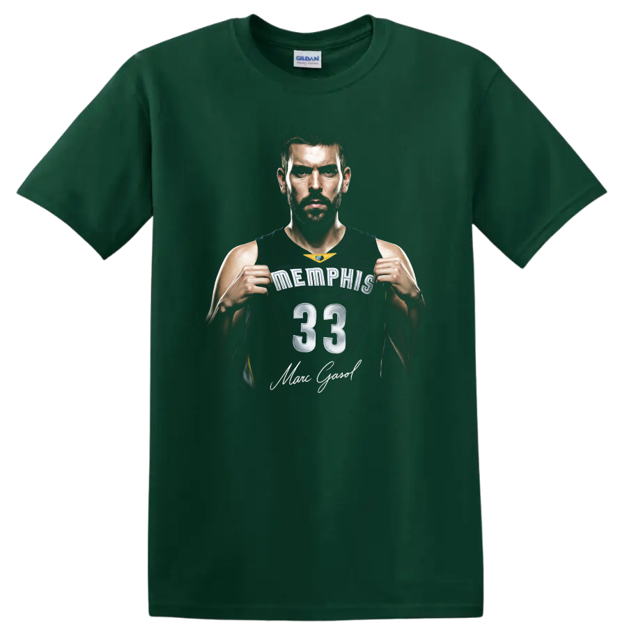 Marc Gasol Memphis Grizzlies number 33 basketball portrait with signature-style text on a Forest Green T Shirt