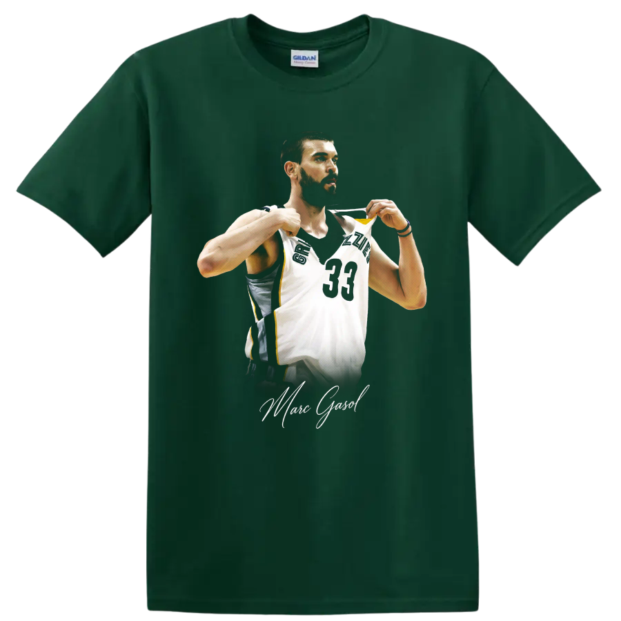 Marc Gasol in Memphis Grizzlies number 33 jersey with signature-style lettering on a Forest Green T Shirt