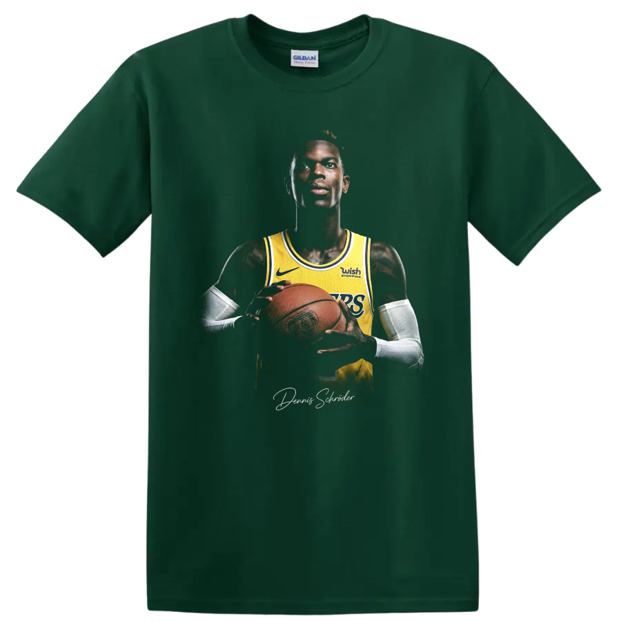 Dennis Schröder Lakers basketball portrait holding a ball with signature-style script on a Forest Green T Shirt