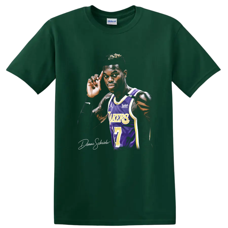 Dennis Schröder Lakers number 17 basketball player portrait in purple and gold jersey on a Forest Green T Shirt