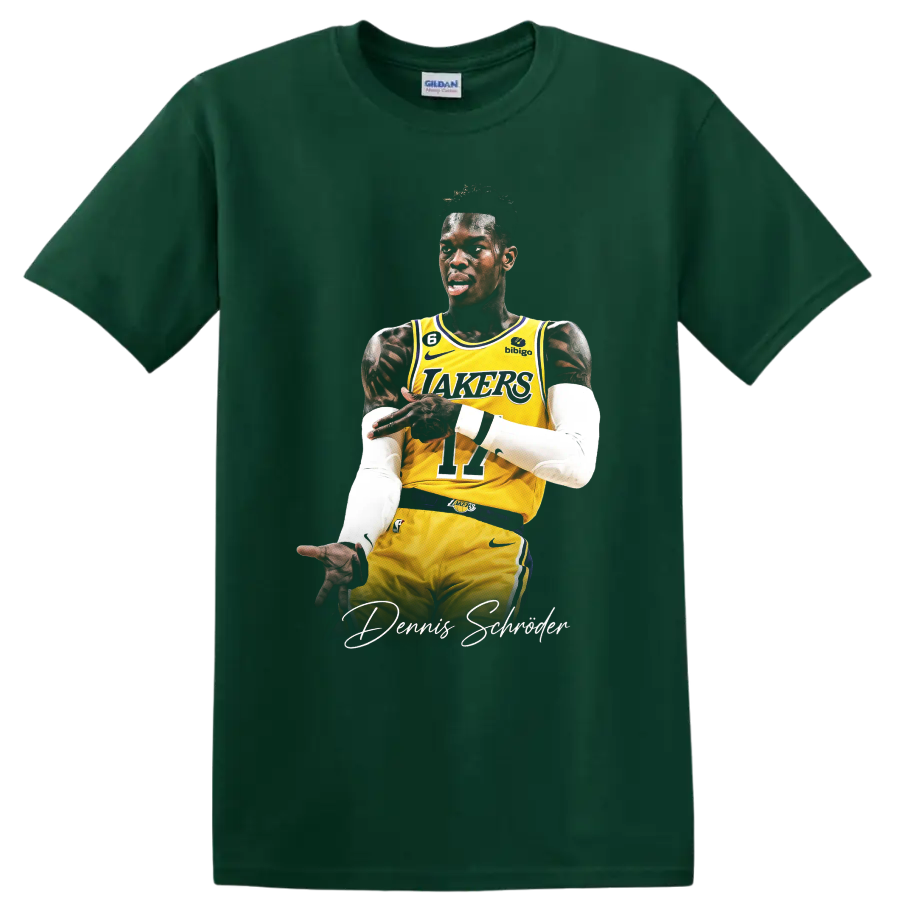 Dennis Schröder Lakers player action portrait with signature-style lettering on a Forest Green T Shirt