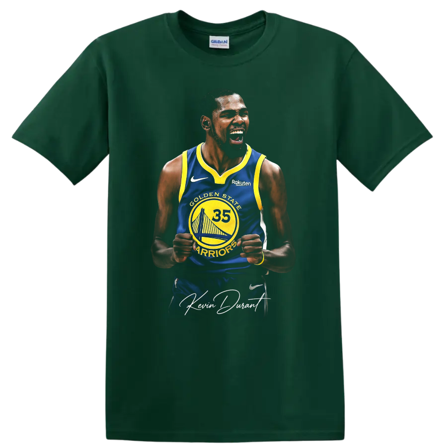 Kevin Durant Golden State Warriors number 35 celebration graphic with signature script on a Forest Green T Shirt