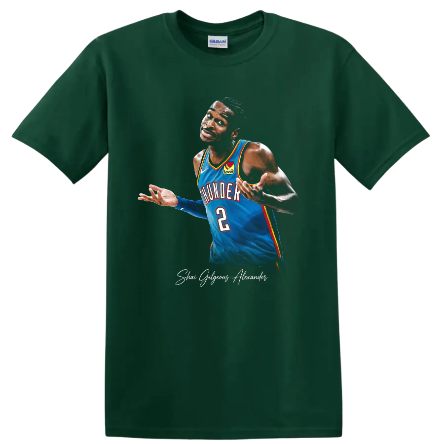 Shai Gilgeous-Alexander Oklahoma City Thunder blue jersey basketball portrait on a Forest Green T Shirt