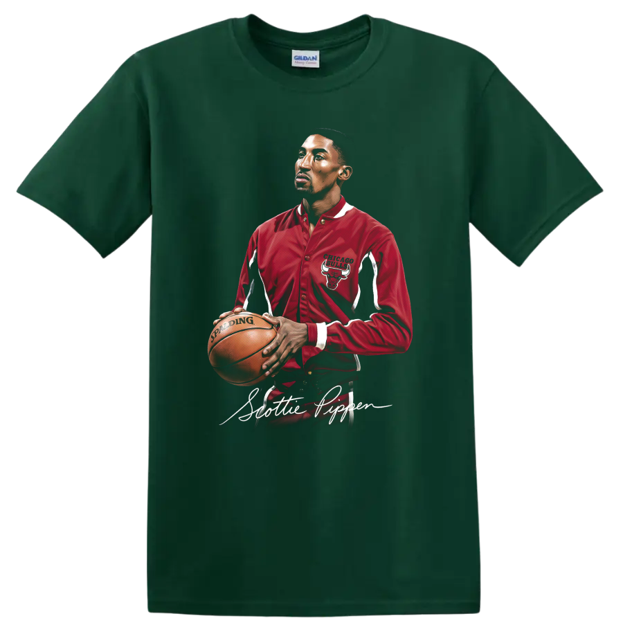 Scottie Pippen Chicago Bulls portrait holding basketball in red jacket with script name on a Forest Green T Shirt