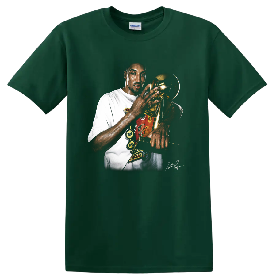 Scottie Pippen holding championship trophy in dramatic Chicago Bulls portrait on a Forest Green T Shirt