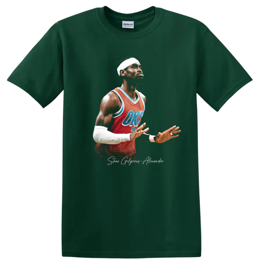 Shai Gilgeous-Alexander basketball portrait in red Thunder jersey with script signature on a Forest Green T Shirt