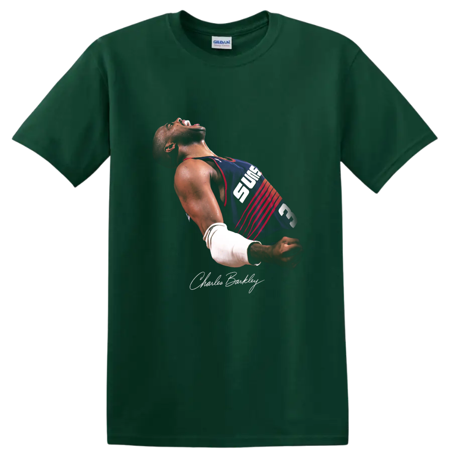 Charles Barkley Phoenix Suns number 34 basketball celebration portrait with signature on a Forest Green T Shirt