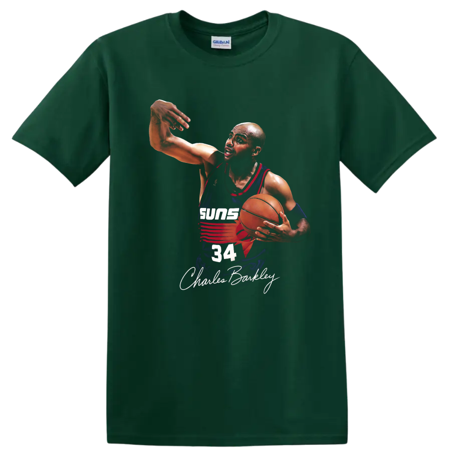 Charles Barkley Phoenix Suns number 34 basketball action illustration with signature on a Forest Green T Shirt