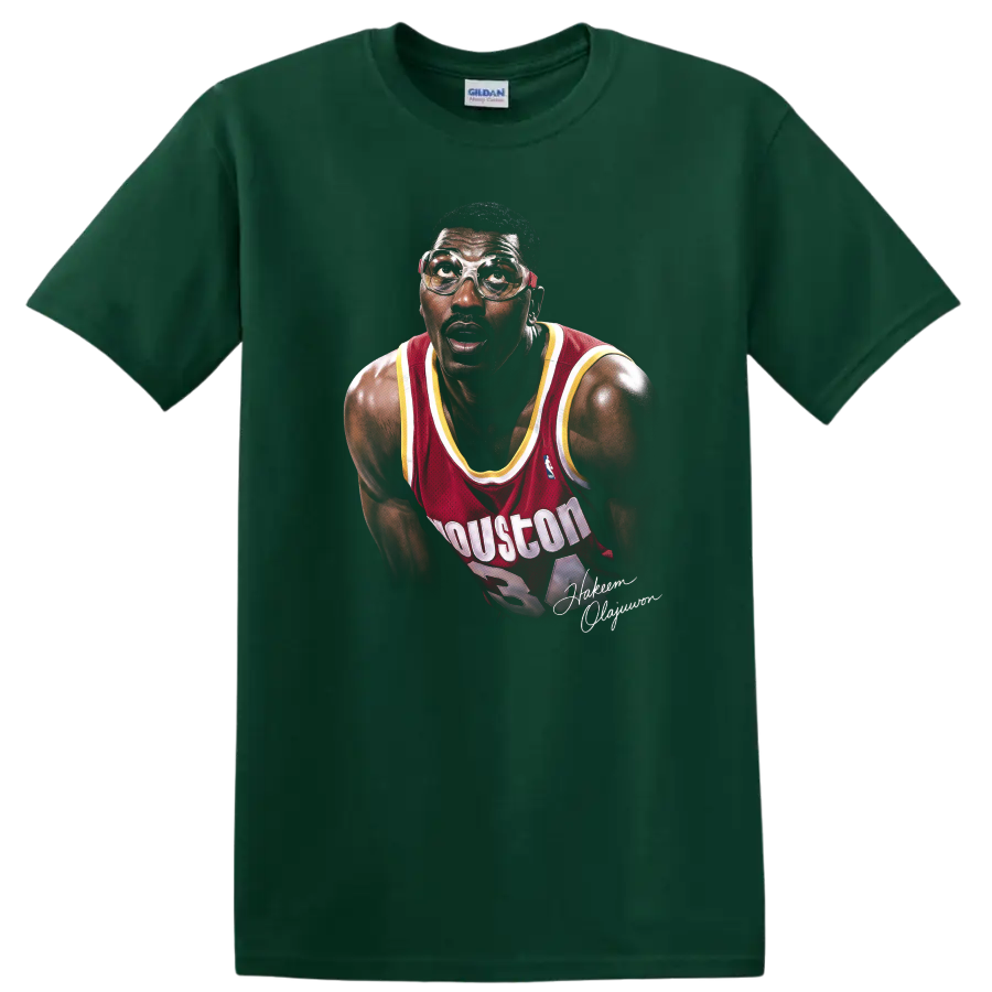 Hakeem Olajuwon Houston Rockets portrait in red jersey and protective goggles on a Forest Green T Shirt