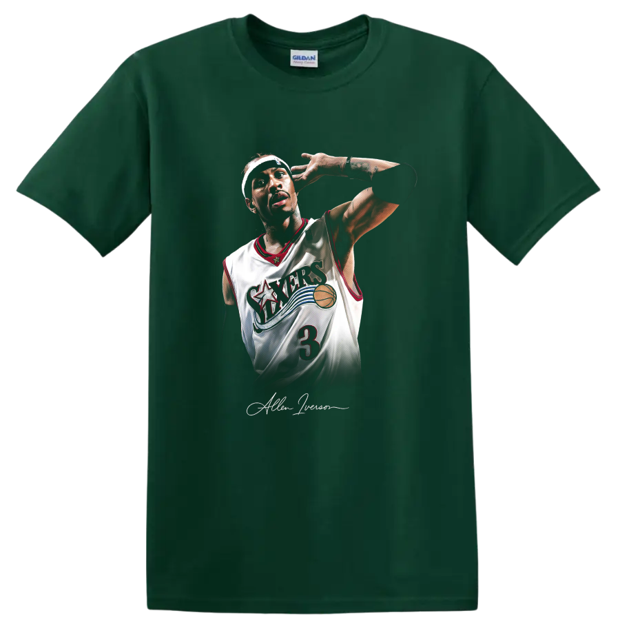 Allen Iverson in Philadelphia 76ers number 3 jersey retro basketball portrait on a Forest Green T Shirt