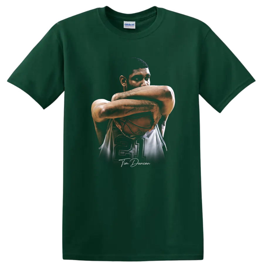 Tim Duncan portrait cradling basketball with number 21 and signature-style script on a Forest Green T Shirt