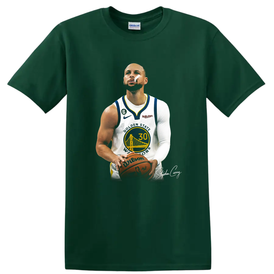 Stephen Curry Golden State Warriors number 30 basketball player portrait on a Forest Green T Shirt
