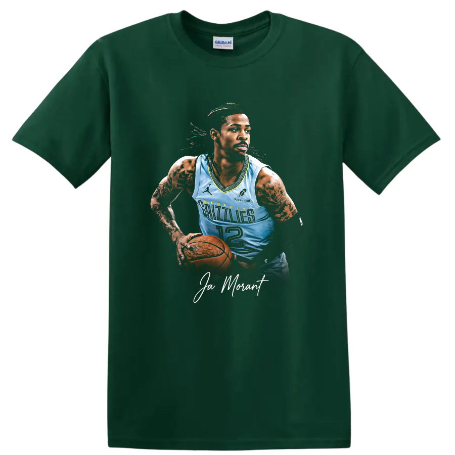 Ja Morant Memphis Grizzlies basketball portrait with number 12 jersey and signature text on a Forest Green T Shirt
