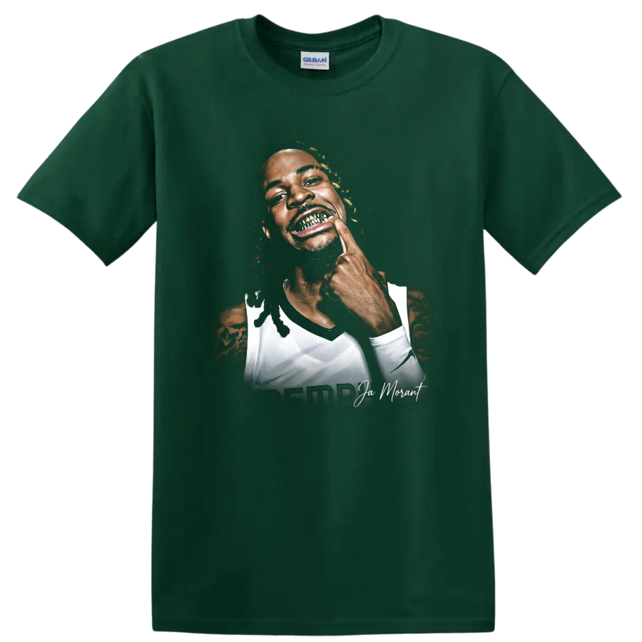 Ja Morant Memphis Grizzlies basketball portrait with gold grill and signature lettering on a Forest Green T Shirt