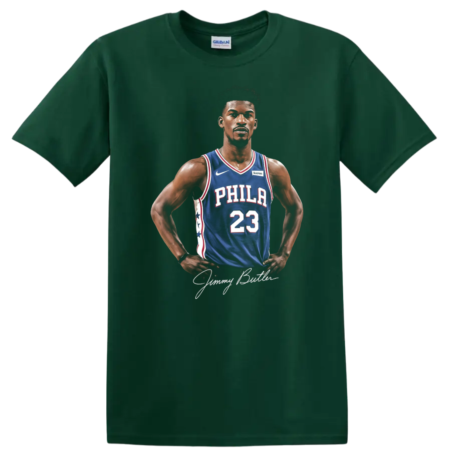 Jimmy Butler portrait in Philadelphia 76ers number 23 jersey with signature on a Forest Green T Shirt